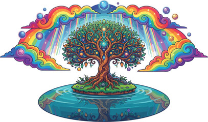 Obraz premium Enchanted Mystical Tree of Life Centered on a Glowing Pond Beneath a Vibrant Celestial Rainbow Arch Illustration