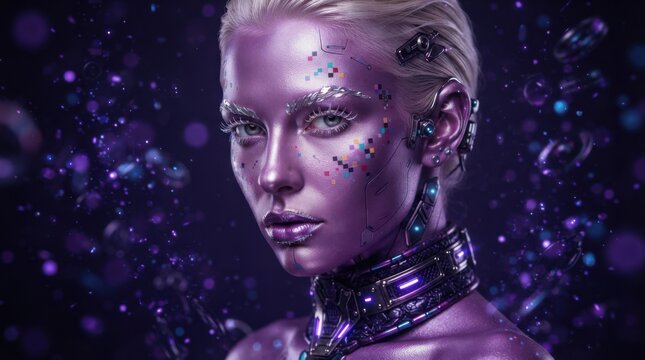 Futuristic Female Robot with Purple Skin and Digital Elements