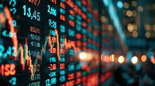 Stock market display showing a fluctuating stock price chart with red and green bars