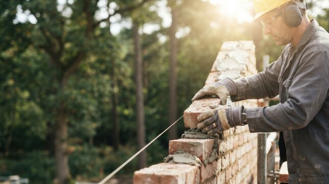 Construction Worker Building Brick Wall in Sunlight