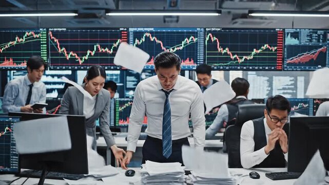 Desperate financial traders working in chaotic office during stock market crash