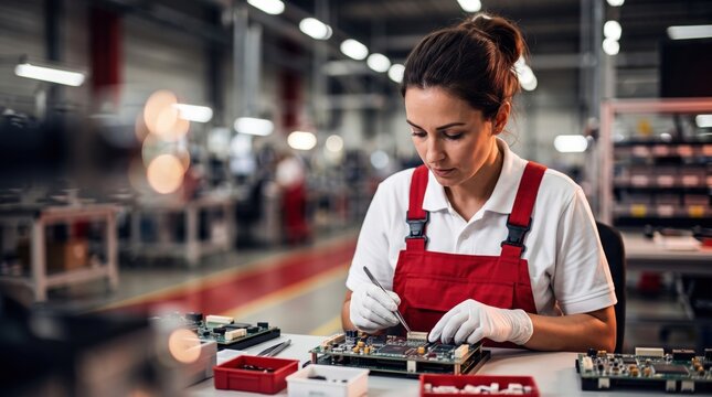 Female electronics assembler testing a circuit board on a modern factory line