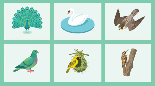 Flat Set Collection of Six Colorful Birds Illustration