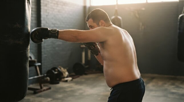 Man Practicing Boxing Techniques in Gym
