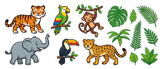 Obraz premium Cute cartoon jungle animals and tropical leaves, isolated