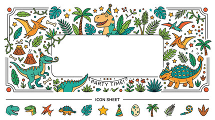Dinosaur Birthday Party Frame with Icons and Empty Space © defa