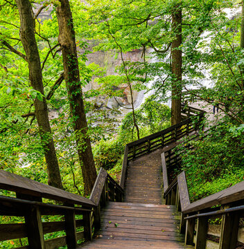 Boardwalk Descending Into The Lower Gorge To Brandywine Falls Lower Viewing Platform, Cuyahoga Valley National Park, Ohio, USA