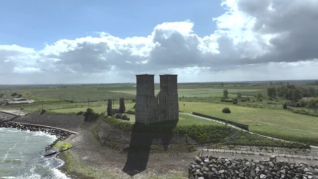 Reculver Towers and Roman Fort from a drone, Herne Bay, Kent, England, United Kingdom