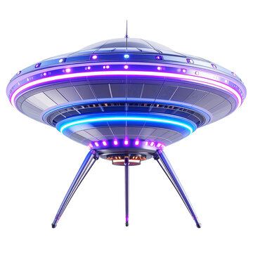 Futuristic Flying Saucer with Neon Lights and Tripod Stand.