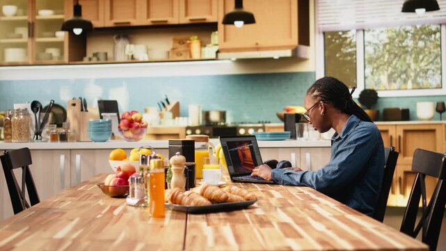 Woman developer works on game programming with laptop to build virtual 3D world, using computer science in game engine development and visual design for video games industry during work at home.