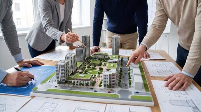 Urban Planning Team Reviewing City Development Model and Architectural Blueprints for Sustainable Real Estate Project
