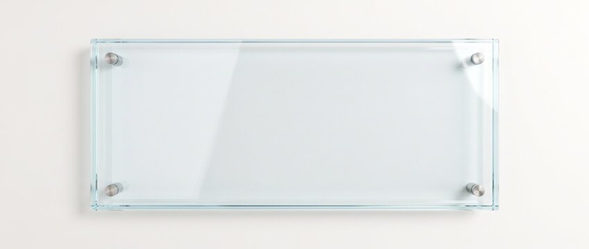 Placa de vidro transparente vazia na parede com suportes met&aacute;licos para mockup, sinaliza&ccedil;&atilde;o, publicidade e identidade visual