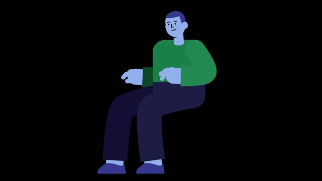 Animated flat vector character sitting and gesturing on a black background