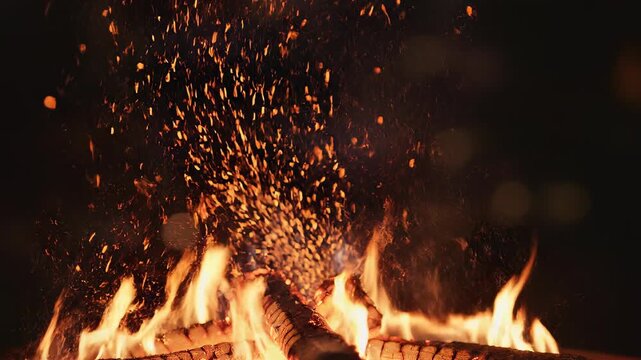 Fiery embers rising from a glowing bonfire against a dark background with cinematic motion
