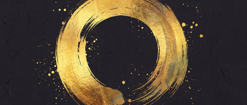 Enso circle painted in textured gold leaf on black washi paper with metallic splatters, creating an elegant oriental background for luxury packaging, wellness identity, and invitations