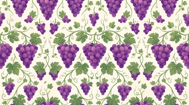 Seamless pattern of purple grapes and green vines on a cream background