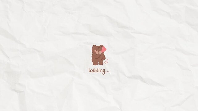 Cute brown bear animated loading screen with heart and crumpled paper texture background