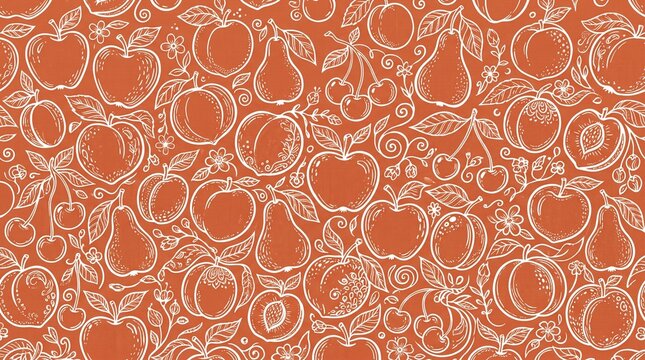 Orange seamless pattern with white sketch of apples and pears fruit design