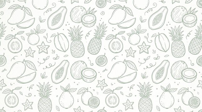 Minimalist tropical fruit pattern with pineapple, mango, and citrus motifs in white line art