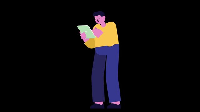 Young man holding a tablet computer in a flat vector illustration style