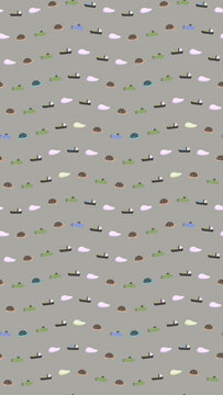 Seamless pattern with cartoon turtles, ships, and submarines