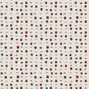 Underwater cartoon pattern with fish, whales, turtles, submarines
