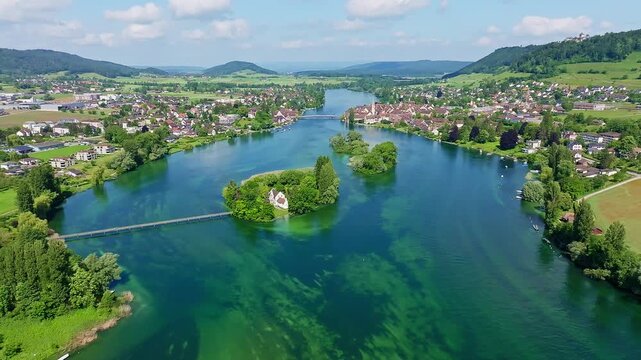 Aerial view of the Werd archipelago in the westernmost part of Lake Constance, Lake Rhine, between Eschenz and Stein am Rhein, Canton Thurgau, Switzerland