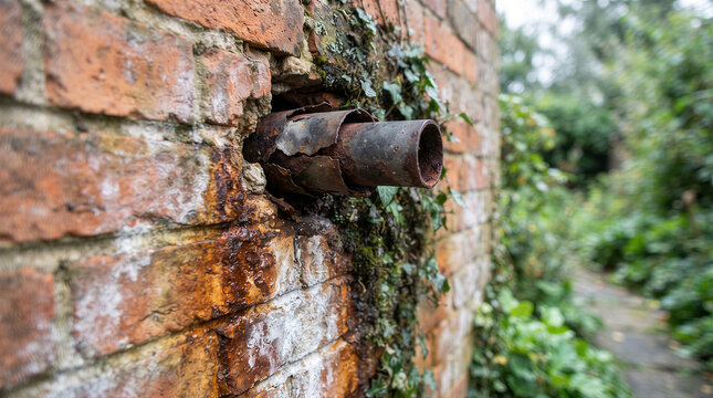 A rusted metal pipe protruding from an old weathered brick wall covered in ivy and moss