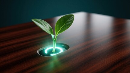 Obraz premium Young plant sprouts from circular opening with neon glow on dark wooden surface. Concept of eco innovation and sustainable growth in tech business.
