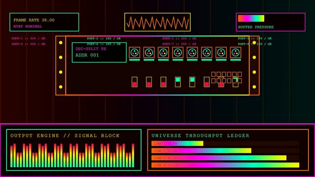 A digital dmx controller interface display shows flickering signal status bars and data throughput monitoring values in a dark environment with vibrant neon light indicators flashing rhythmically