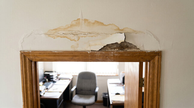 Water damage on a wall above a wooden door frame in an office interior