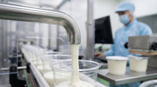 Industrial food production line filling plastic cups with yogurt or cream in a sterile clean room factory setting