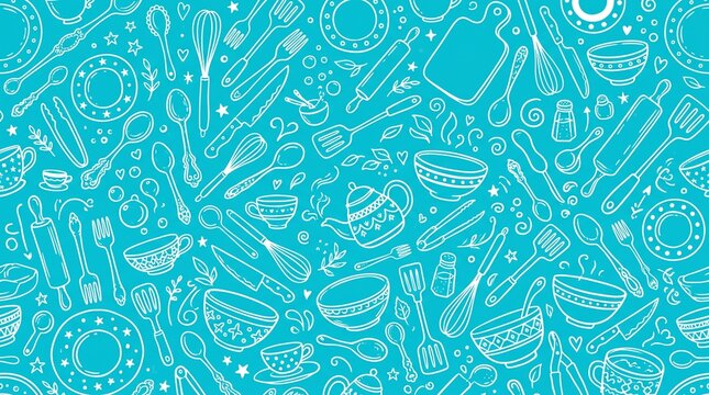 Hand-drawn pattern of kitchen utensils and cookware on blue background