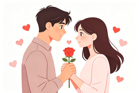 Young couple holding red rose and looking at each other romantically