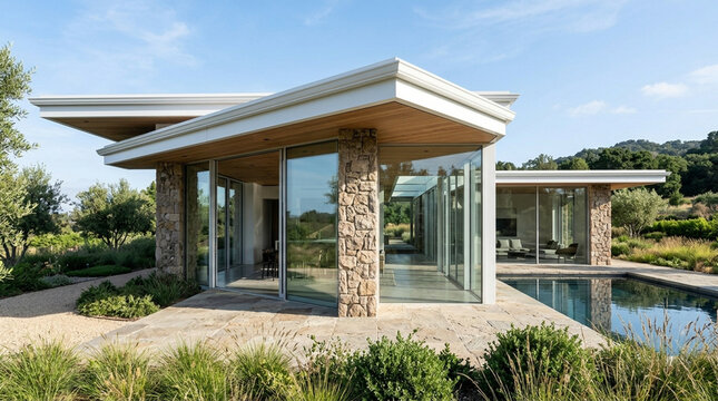 Modern glass-walled house with stone accents and sleek roof design surrounded by lush greenery and outdoor pool under clear blue