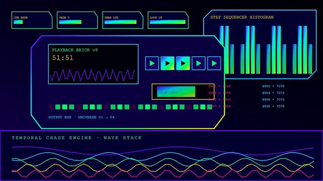 A digital dmx controller screen displays fluctuating light signals across multiple rhythmic waveform patterns while monitoring data streams in a dark studio environment during live production