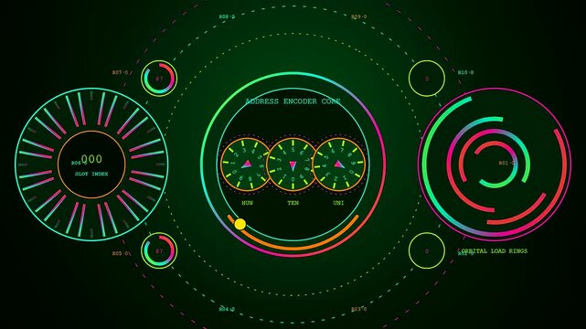 A digital dmx controller screen displays circular rotating light patterns and green circular radar rings in a seamless loop for professional stage lighting software setup interface