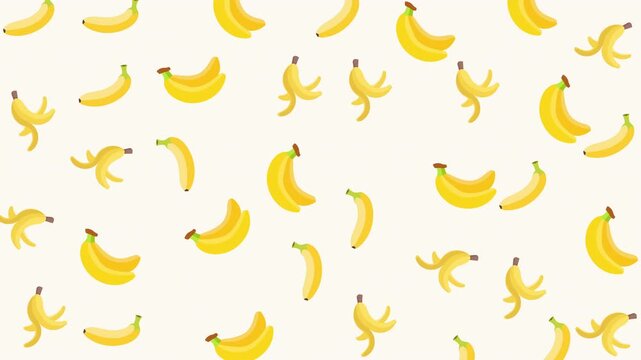 Abstract cute background featuring an animated seamless loop pattern of fresh yellow bananas and peels on a pastel cream backdrop, ideal for video editing.