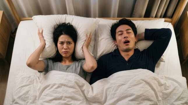 Frustrated Woman Covering Ears While Sleeping Man Snores