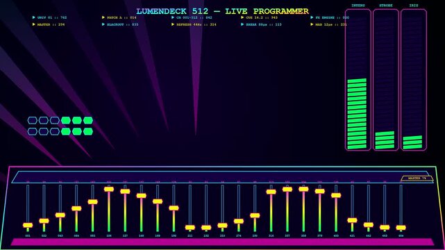 A digital dmx controller interface displaying vibrant sound level bars and sliding faders in a dark studio environment captured with a focus on electronic sound equipment