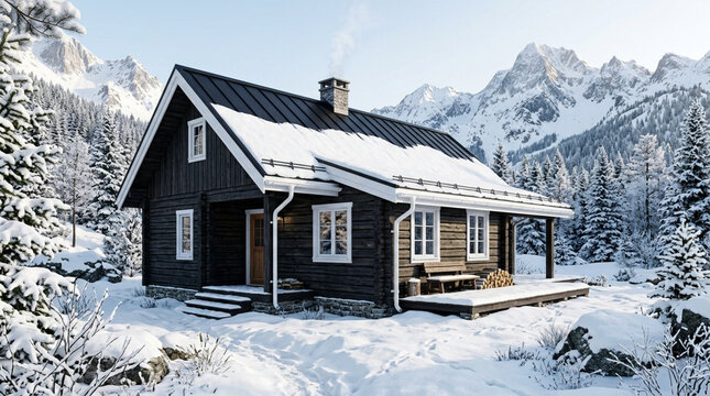 Cozy mountain cabin surrounded by snow-covered trees and majestic peaks under clear winter sky