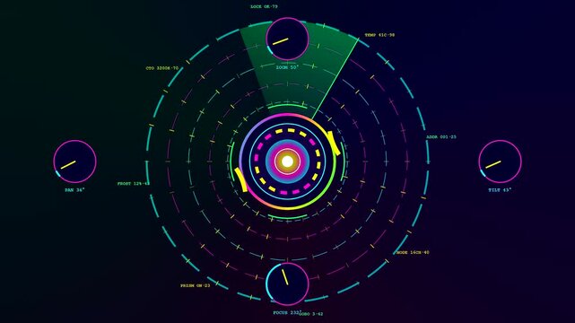 A circular dmx controller graphic interface displays rotating light markers and numeric data points in a seamless motion sequence for modern digital stage lighting systems