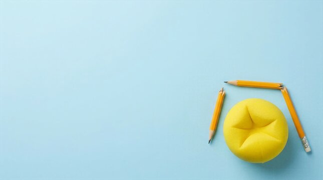 Squeezed yellow ball with snapped pencils on blue for stress relief and frustration concept