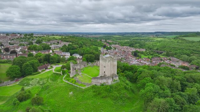 Conisbrough Castle, Conisbrough from a drone, South Yorkshire, England, United Kingdom