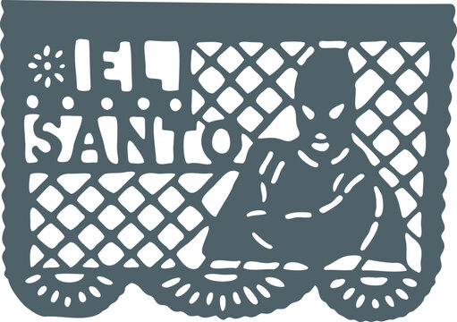 Papel Picado El SGray papel picado cutout banner featuring El Santo masked wrestler silhouette and typography on white background for cultural celebration.nto.eps
