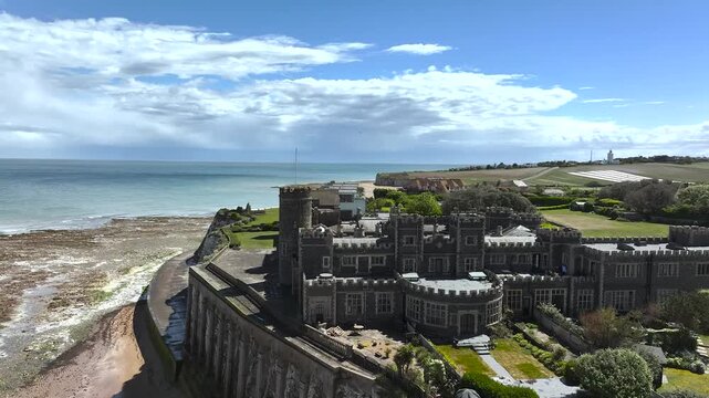 Kingsgate Castle from a drone, Kingsgate Bay, Broadstairs, Kent, England, United Kingdom