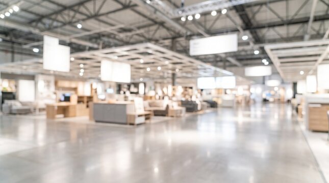 Blurred interior background of large modern furniture store warehouse showroom
