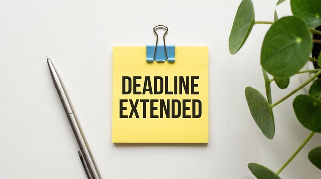 Deadline Extended Concept with Yellow Sticky Note, Pen, and Green Plant on White Background