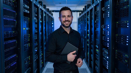 Fototapeta premium Professional IT technician holding a tablet in a modern server room