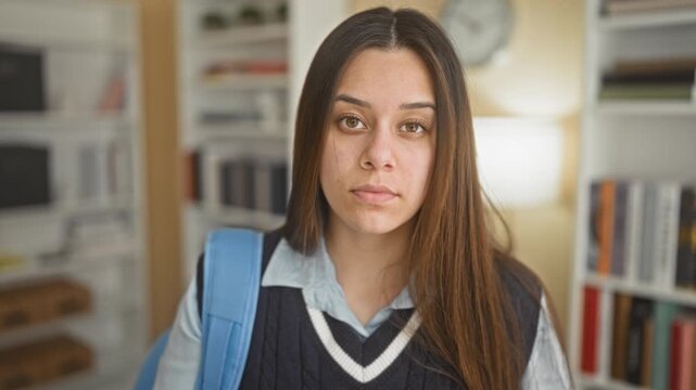 Woman with backpack looking at camera in school library wearing uniform vest and collared shirt; seriousness determination.